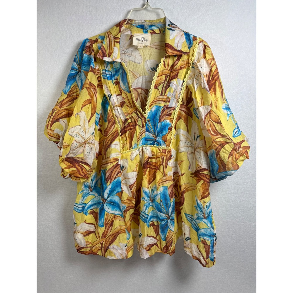 Umgee Floral Tunic Top Womens L Yellow Rayon Boho Lace Trim Puff Sleeve Blouse